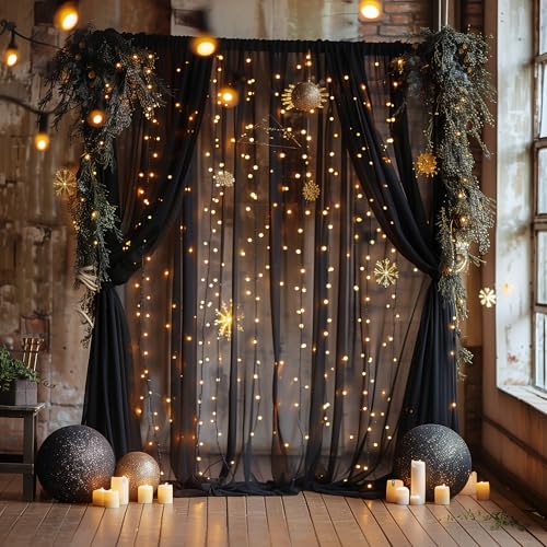 Fomcet Tulle Backdrop Curtains with Lights Black 10x8ft Sheer Curtain - color: Black, size: 10FT X 8FT(2 Panels 5ft X 8ft)