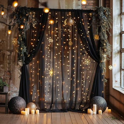 Fomcet Tulle Backdrop Curtains with Lights Black 10x8ft Sheer Curtain - color: Black, size: 10FT X 8FT(2 Panels 5ft X 8ft)