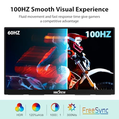 InnoView Portable Monitor 18.5 inch 100HZ 120% sRGB, 1080P FHD IPS Large Portable Monitors for Laptop USB C HDMI HDR Travel Monitor with Kickstand Mac PC Xbox PS4/5 Switch - size: 18.5 INCH