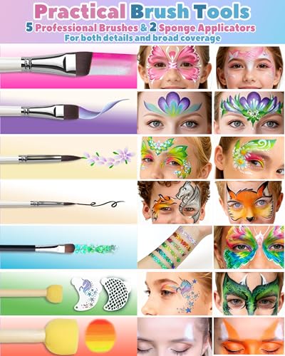 48 Colors Face Painting Kit for Kids & Adults-Water Activated Paint Palette with Stencils,Split Cake,Glitter Gels,Brushes-Body Paint Set for Halloween,Theater & Cosplay