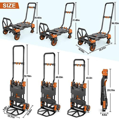 Folding Hand Truck Dolly, 330lb Convertible 4 to 2 Wheel Moving Cart,Orange | Dolly Cart with Retractable, Aluminum Alloy & Cast Iron Build, Nylon Wheels,Compact Fold,for Moving,Office,Delivery,Outdoor - size: 330LB Orange