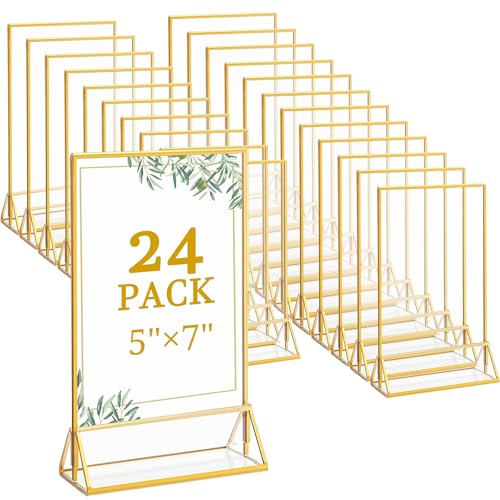 Floroom 24 Pack 5x7 Inch Clear Acrylic Sign Holders, Double-Sided Gold Display Stand Picture Frames for Table Numbers, Menus, Flyers, Weddings, and Offices - color: Gold, size: 5" x 7"- 24 Pack