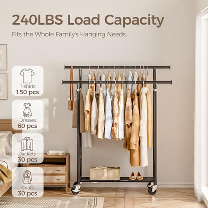 HYSEYY Clothes Rack, Double Rods Rolling Clothing Rack for Hanging Clothes, Portable Garment Rack with Wheels, Coat Rack Wardrobe Closet Load 240 LBS for Bedroom Laundry Room (Black, L) - color: Black