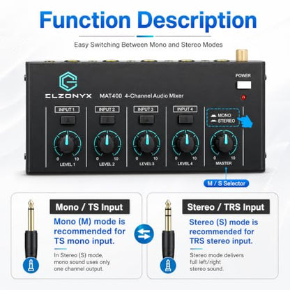 4 Channel Mini Audio Mixer, Stereo Line Mixer with Mono/Stereo Switch, Ultra-Low Noise Sub-Mixer, 1/4" & 1/8" TS/TRS I/O, 5V Adapter, for Keyboard, Guitar, Bass, Electronic Drums