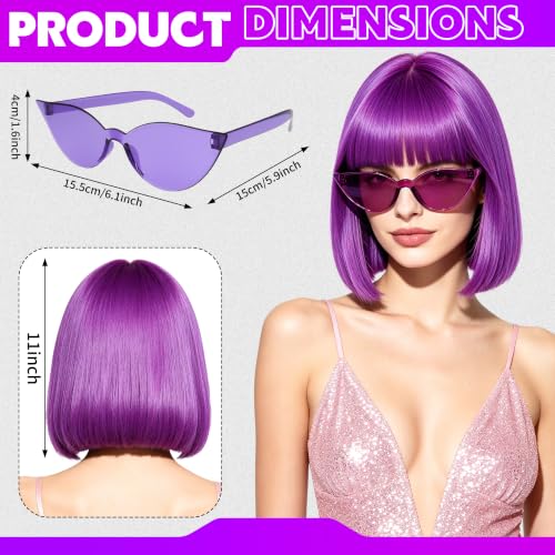 Short Bob Straight Hair Wigs with Bangs, Heat Resistant Fiber Hair, Cat Eye Glasses for Women (Purple-Red) - color: Purple-Red