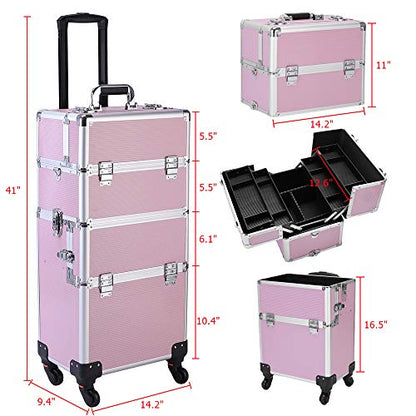mefeir 3 in 1 Rolling Makeup Train Case, Large Cosmetic Trolley with 360° Rotation Wheels & 2 Drawers, Professional for Makeup & Tattoo Artist & Hairstylist - color: Pink