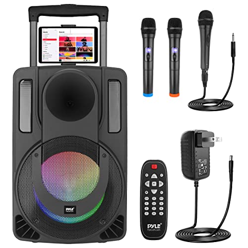 PyleUsa 8’’ Portable PA Speaker System - Wireless BT Streaming PA & Karaoke Party Audio Speaker, Two Wireless Mic, Wired Microphone, Tablet Stand, Flashing Party Lights, MP3/USB//FM Radio - PHPWA8TB - size: 8 inch