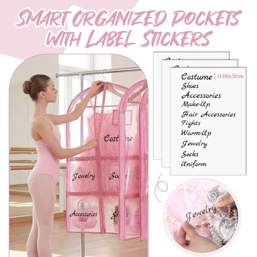 Nuenen 3 Pack Dance Garment Bags for Costumes Clear Dance Recital Organizer with Pockets & Labels, 40 Inch PVC Hanging Costume Bag for Competition Travel, Garment Bag with Compartments(Pink) - color: Pink
