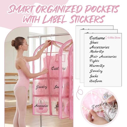 Nuenen 3 Pack Dance Garment Bags for Costumes Clear Dance Recital Organizer with Pockets & Labels, 40 Inch PVC Hanging Costume Bag for Competition Travel, Garment Bag with Compartments(Pink) - color: Pink