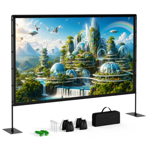 Projector Screen Outdoor with Stand, TWjouko 120 inch Portable Movie Screen with Carry Bag, Sandbag,16:9 Washable Cloth Screen for Backyard, Camping, Travel, Easy Setup, Big Projection Screen