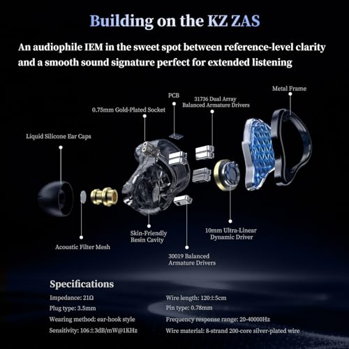 KZ ZAS Pro 7BA+1DD in Ear Monitor, 3.5mm Jack HiFi IEM with Mic, Black - color: Black, size: Mic
