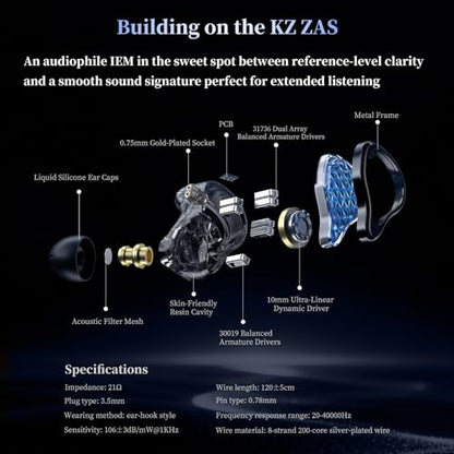 KZ ZAS Pro 7BA+1DD in Ear Monitor, 3.5mm Jack HiFi IEM with Mic, Black - color: Black, size: Mic