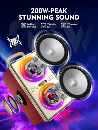 YIER Bluetooth Speaker, 240W Peak Loud Party Speaker with Big Bass, 20H Playtime, TWS, BT5.3, Large Portable Wireless Boom Box with LED Light for Outdoor Backyard Beach Home (Leather Red) - color: Leather Red