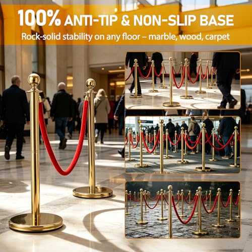 BeBecome Stanchions and Velvet Ropes, Gold Stanchions with 5 ft Red Velvet Rope, 2 Pack Crowd Control Barriers, Fillable Bases, Red Carpet Poles for Weddings