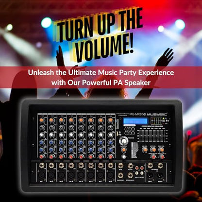 MUSYSIC 8 Channel 4500W Digital DJ Audio Mixer Power Soundboard | with Amplifier 7-Band EQ, 16 DSP FX, Phantom 48V, USB, SD, Bluetooth, FM, XLR Mixing Board for Music - MU-MX8fxD