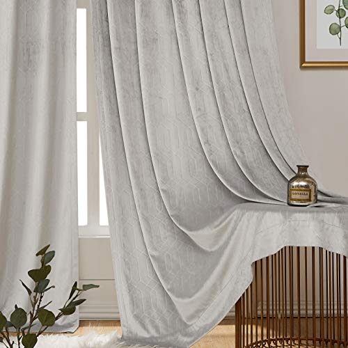 Central Park Gray Velvet Blackout Window Curtain Panels 60%-70% Room Darkening Rod Pocket Back Tab Geometric Embossed Trellis Themal Weave Energy Efficient Bedroom Drapes (52" Wx63 L, 2 Panels) - color: Grey, size: 52"W x 63"L (Pack of 2)