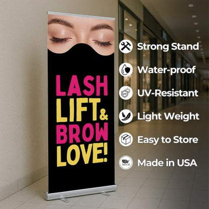 DreamController Lashes & Brows Retractable Stand Banner by DC | 33"x81" Roll-Up Display | Lash Lift Brow Love Vertical Pull-Up Banner for Trade Shows & Events | Made in USA | (Stand Not Included) - color: Lash Lift Brow Love, size: Retractable Banner - 33