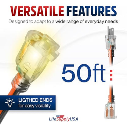 50ft Outdoor/Indoor Extension Cord 12/3 Gauge Extra Heavy Duty 3 Prong SJTW, Waterproof, Flexible Cold-Resistant Long Power Cord,15A 125V 1875W, Orange and Black by LifeSupplyUSA