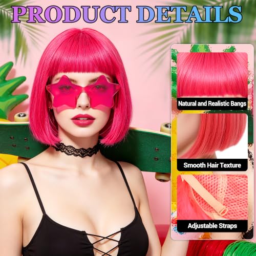 Short Bob Straight Hair Wigs with Bangs, Heat Resistant Fiber Hair, Star-shaped Glasses for Women (Hot Pink) - color: Hot Pink