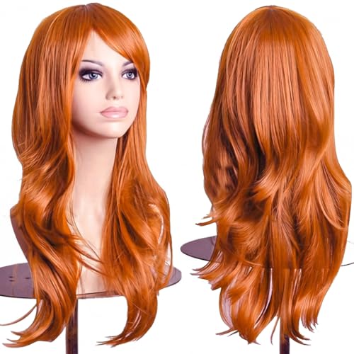 PORSMEER 70 cm/28 inches Charming Long Wavy Full Hair Wig Anime Cosplay Halloween Costume Party Heat Resistant Synthetic Wigs for Women Girls (Ginger) - color: Ginger