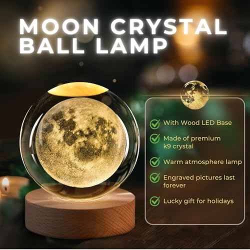 Flexzion 3D Moon Crystal Ball Night Light - LED Light Hologram Glass Lamp with Solid Wood Base, USB Powered Crystal Ball Lamp with Adjustable Brightness for Home Decor Display Gift, 2.4inch(60mm) | Moon Lamp with Solid Beech Wood Base and Adjustable Brigh