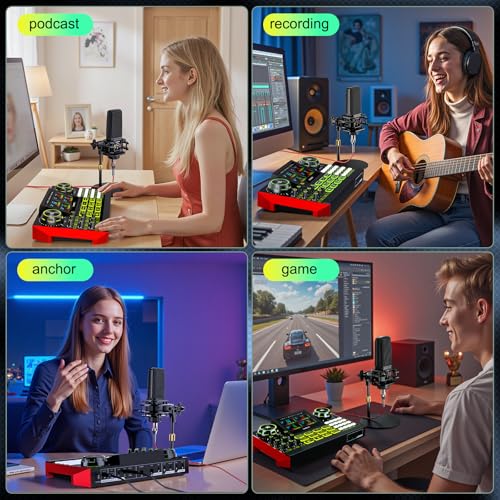 Podcast Equipment Bundle with Audio Mixer Sound Card and Podcast Microphone, Compatible with PC and Mobile Phones for Live Streaming, Singing, Recording, and Content Creation
