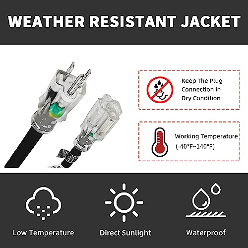 10 Ft Black Outdoor Extension Cord Lighted End Weatherproof 14 Gauge | UL Certified 14/3 SJTW Cable, 15A Rated, Great for Outdoor Projects, Tools and Seasonal Lights - size: 10FT, style: 14/3