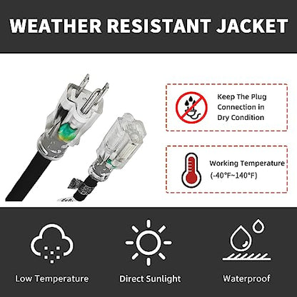10 Ft Black Outdoor Extension Cord Lighted End Weatherproof 14 Gauge | UL Certified 14/3 SJTW Cable, 15A Rated, Great for Outdoor Projects, Tools and Seasonal Lights - size: 10FT, style: 14/3