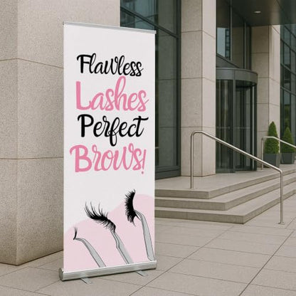 Lashes & Brows Retractable Stand Banner by DC | 33"x81" Roll-Up Display | Flawless Lashes Perfect Brows Vertical Pull-Up Banner for Trade Shows & Events | Made in USA | (Stand Not Included) - color: Flawless Lashes Perfect Brows, size: Retractable Banner