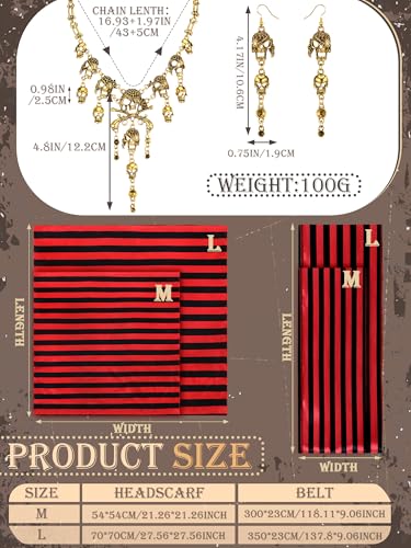 Fourluoo 4 Pieces Pirate Costume Accessories Women Pirate Hat Head Scarf Sash Belt Necklace Earrings Women Costume - size: Medium