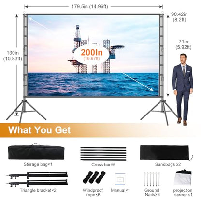 200 Inch Outdoor Projector Screen with Stand, DUYIKJ 16Ft Portable Large Rear Front Projection Screen Dual Sided 16:9 4K HD Movie Screen, Wrinkle-Free Design & Carry Bag for Backyard Cinema