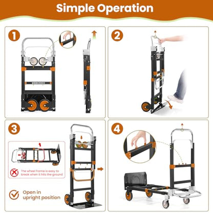 3-in-1 Folding Hand Truck,600lb Convertible 4 to 2 Wheel Dolly Cart Orange | For home office warehouse garage farm gym, carbon steel frame, base expands 35-44in, swivel rubber wheels, folds flat - color: Orange