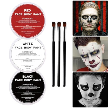 White Black Red Oil Face Body Paint Set,Halloween Joker Clown Makeup Kit with 3 Brushes,Professional Black White Red Face Body Painting Kit for Halloween, Sfx Makeup, Theater - color: Black White Red