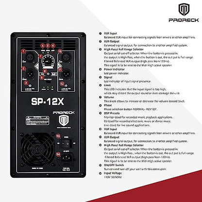 PRORECK SP-12X Active Powered PA DJ Subwoofer Cabinet 12 inch 1000W P.M.P.O with Class-D Amplifier, 3 DSP Presets-Monitor, Bass Reinforcement, Black, for Wedding, Party, Concert, Church (One Sub)