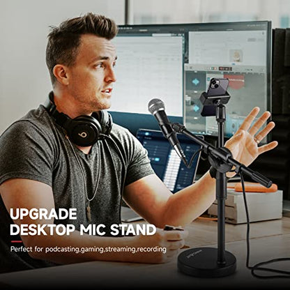 Microphone Stand Desk Adjustable Desktop Microphone Stand with Boom Arm Upgraded 3 in 1 Table Phone/Mic Stand with Microphone Clip,Cell Phone Clip,3/8" to 5/8" Adapter for Universail Mic | Upgraded 3-in-1 table phone/mic stand for calls and streaming. Inc