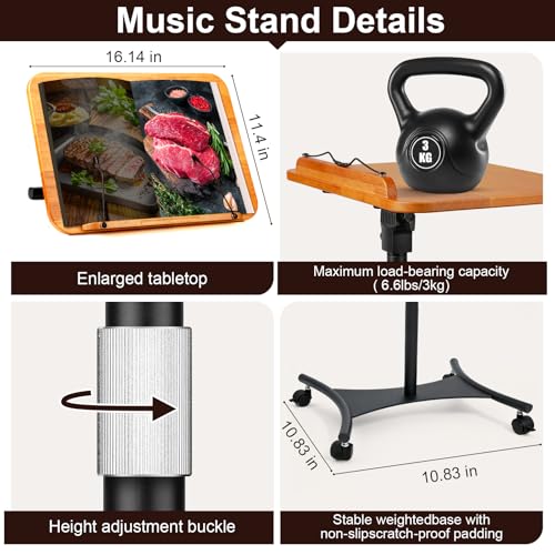 2-in-1 Dual-use Floor & Desktop Music Stand, Adjustable 16.5"-51" Book Stand, Solid Wood Sheet Music Holder, Floor Book Stand with Elastic Page Clip for Cookbooks, Laptop (Natural Wood with Wheel) - color: Natural Wood With Wheel