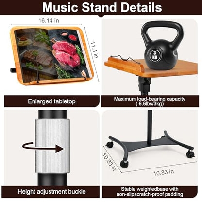 2-in-1 Dual-use Floor & Desktop Music Stand, Adjustable 16.5"-51" Book Stand, Solid Wood Sheet Music Holder, Floor Book Stand with Elastic Page Clip for Cookbooks, Laptop (Natural Wood with Wheel) - color: Natural Wood With Wheel