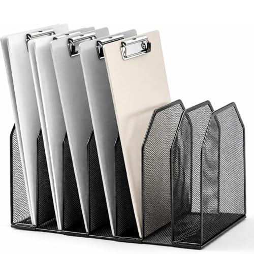 Sliner 1 Pcs 7 Slot Metal Clipboard Holder for Desk, File Organizer, Black | Vertical Classroom Clipboard Holder, Mesh File Storage Rack, Wire Document Sorter for School Teacher Home Office Supplies - color: Black