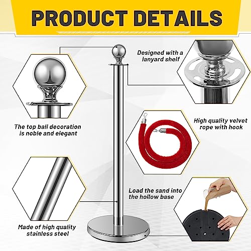 Ferraycle 8 Pcs 2026 Prom Stainless Steel Stanchion 5 ft Velvet Carpet Ropes and Pole Crowd Control Barriers Grand Opening Casino Movie Theme Party 360 Photo Booth Accessories (Silver) - color: Silver