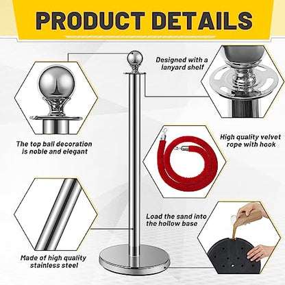 Ferraycle 8 Pcs 2026 Prom Stainless Steel Stanchion 5 ft Velvet Carpet Ropes and Pole Crowd Control Barriers Grand Opening Casino Movie Theme Party 360 Photo Booth Accessories (Silver) - color: Silver