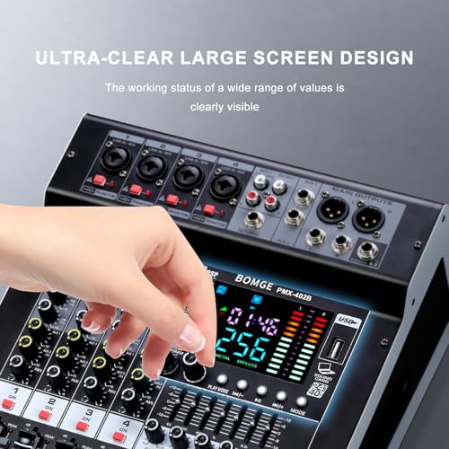 BOMGE 4-Channel Audio Interface Mixer with 256 DSP, Bluetooth 48V Phantom Power, 2x350W Amplifier (4 Ohm) for Studio Recording, DJ Mixing, Karaoke, Concert Party & Streaming