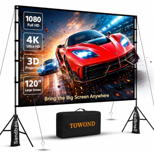120 Inch Projector Screen with Stand for TOWOND Outdoor 4K Backyard Movies | Lightweight 19mm tripod, front/rear 16:9 screen and carry bag for backyard movie nights, camping and indoor use.