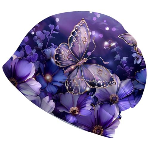 Art Owl Women's Slouchy Beanie Hat Cute Turban Hats Cancer Headwear Caps Baggy Skull Sleep Scarf - color: Purple Butterfly Floral
