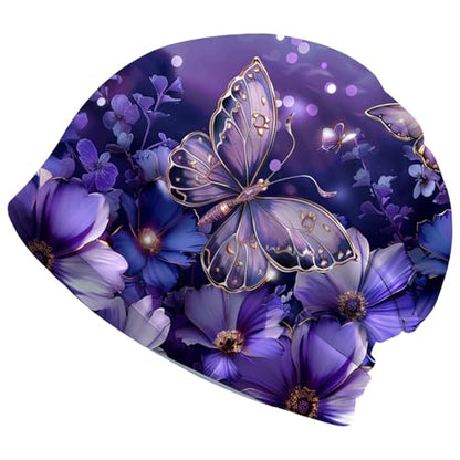 Art Owl Women's Slouchy Beanie Hat Cute Turban Hats Cancer Headwear Caps Baggy Skull Sleep Scarf - color: Purple Butterfly Floral