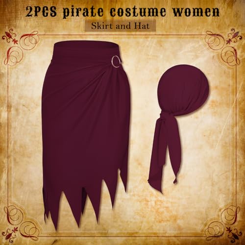 Durio Women Pirate Skirt Dress Accessories - Hat, Costume, Cosplay Bandana Head Scarf for Adult Women and Men - Halloween - color: Wine Red
