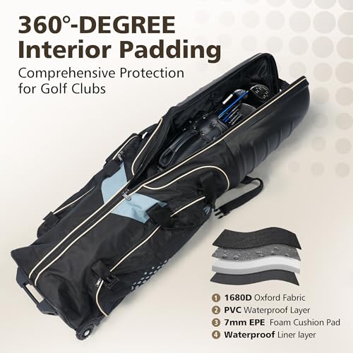 Golf Travel Bags for Airlines with Wheels, Hard Case Top and 1680D Heavy Duty Oxford Protect Golf Clubs, Lightweight and Easy to Maneuver - color: Black & Khaki