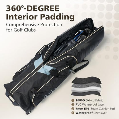 Golf Travel Bags for Airlines with Wheels, Hard Case Top and 1680D Heavy Duty Oxford Protect Golf Clubs, Lightweight and Easy to Maneuver - color: Black & Khaki