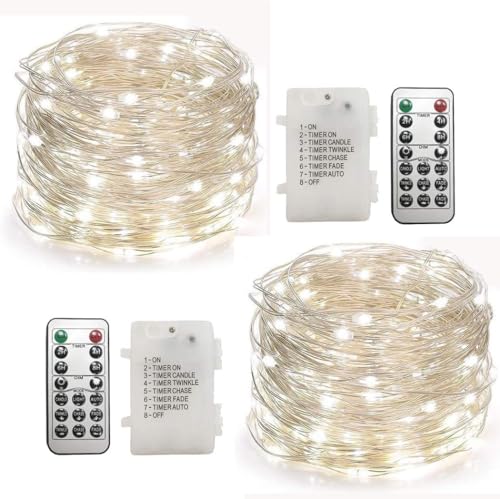 WSgift 2 Pack 20 Feet 60 Cold White Led Fairy Lights Battery Operated with Remote Control Timer Waterproof Silver Copper Wire Twinkle String Lights for Party Bedroom Wedding Christmas Decorations - color: 2 Pack 20 Feet 60 Cold White