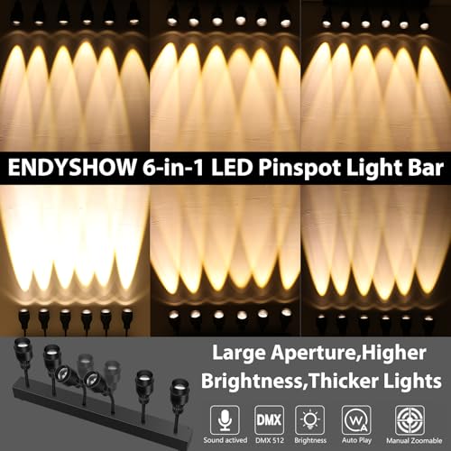 Pinspot Light Bar,6PC LED Pinspot Stage Lights Disco Ball Manual Zoom(15-60 Degree) 3200K Dimmable Warm White DMX Sound Activated Lights for Party Activities Live Show Concert Church Wedding