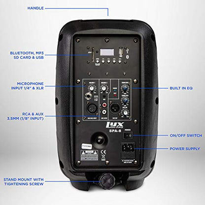 LyxPro SPA-10 10" Portable PA Speaker System With Metal Tripod Stand Combo Kit Power Active Amplifier Equalizer Bluetooth SD Slot USB MP3 XLR 1/4" 1/8" 3.5mm Inputs Remote Control - size: 10 Inch + Stand